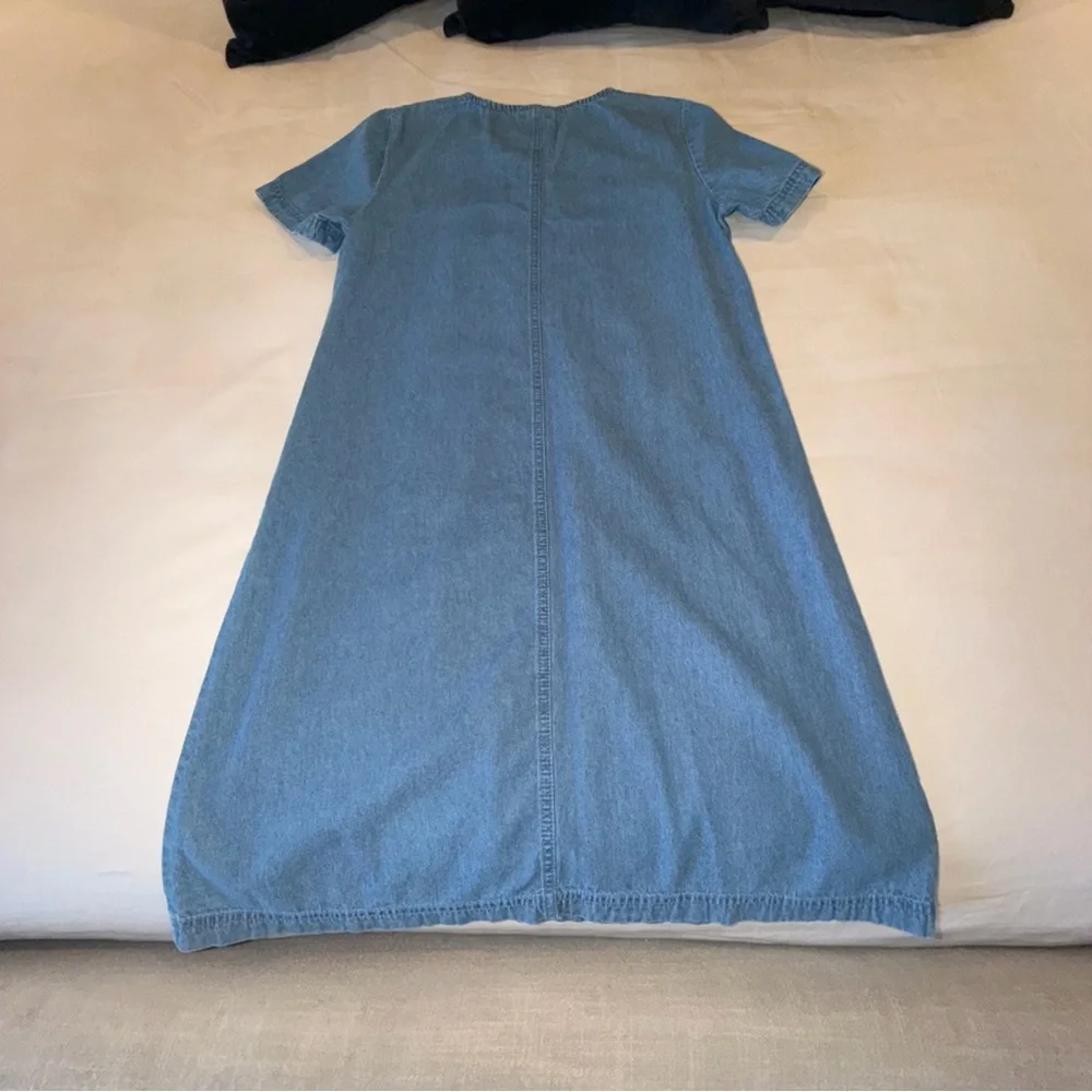 Denim Embroidered Floral Dress Blue Cottagecore Pockets Short Sleeve S - Picture 2 of 7